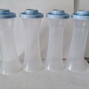 4 Tupperware Hourglass Salt & Pepper Shakers #718 Sheer Blue w/ Lid 5 7/8" Tall